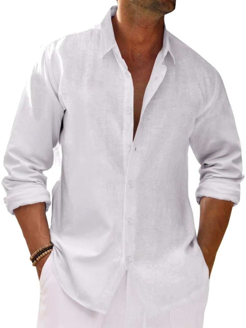 Men's White Button Down Cotton Linen Long Sleeve Casual Collared Beach Shirt